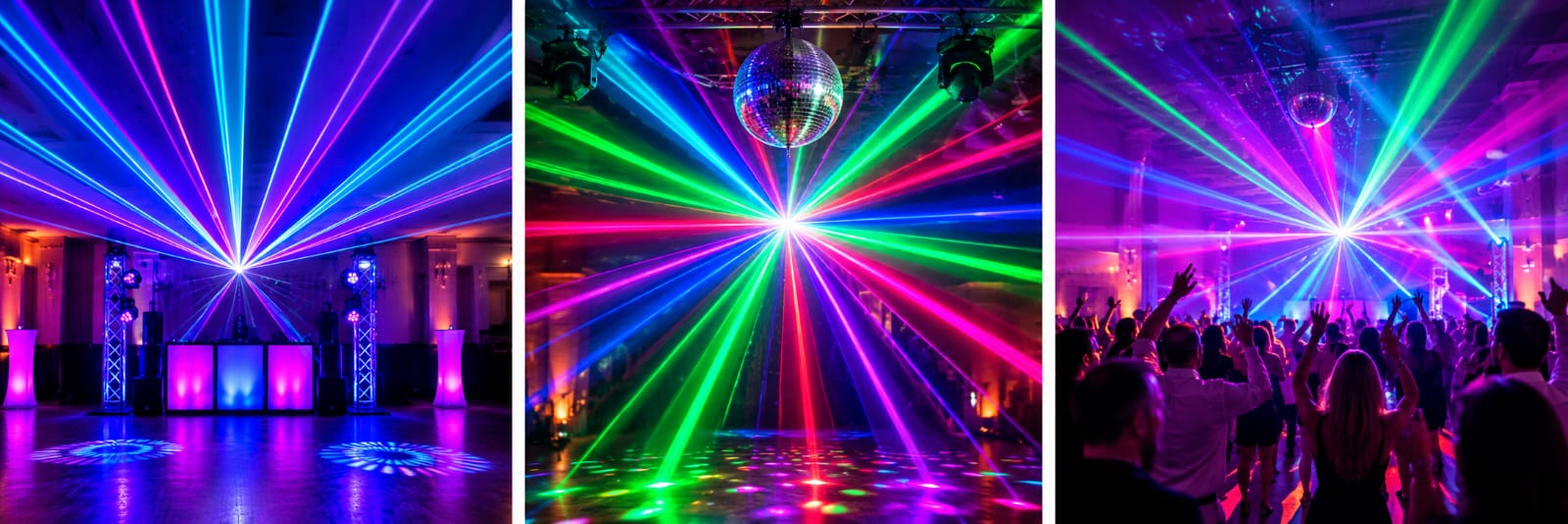 Laserstrahlen im Saal, Discokugel über der Tanzfläche und feiernde Gäste bei der Laser-Show